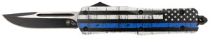 Templar Knife LBTB331 Gen II Back The Blue Large 3.50" OTF Drop Point Plain Black Oxide Stonewashed 440C SS Blade, 5.25" Black & White w/Blue Line Aluminum Handle, Glass Breaker